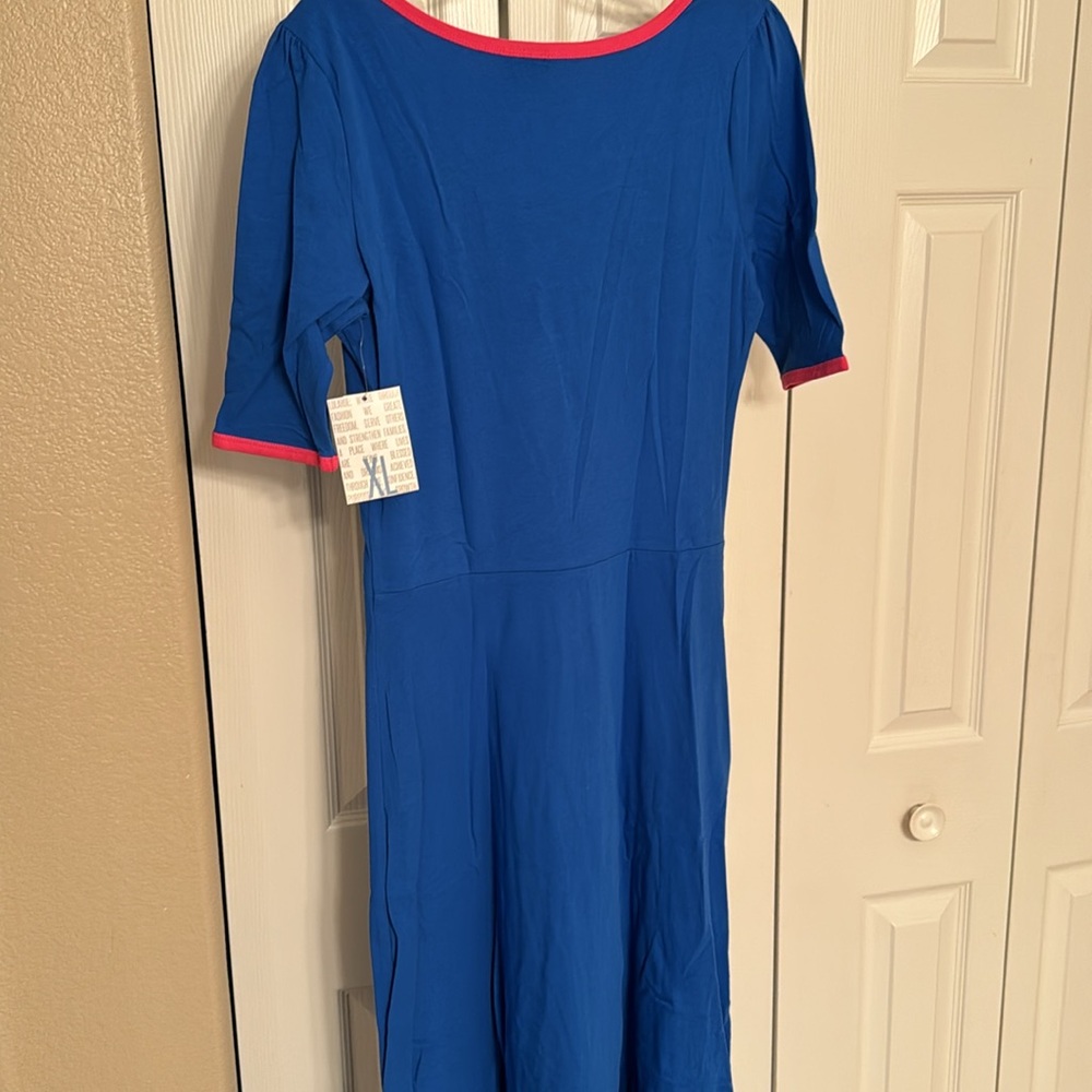 Lularoe Ana dress blue with pink trim neck and arms NWT - Picture 4 of 5
